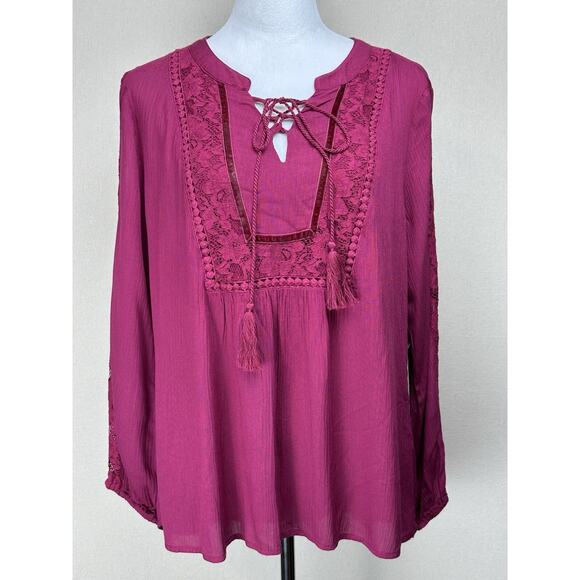 Passport Tops - Passports Women’s Top Sz M Baby Doll Peasant Boho Lace Up Tie Neckline